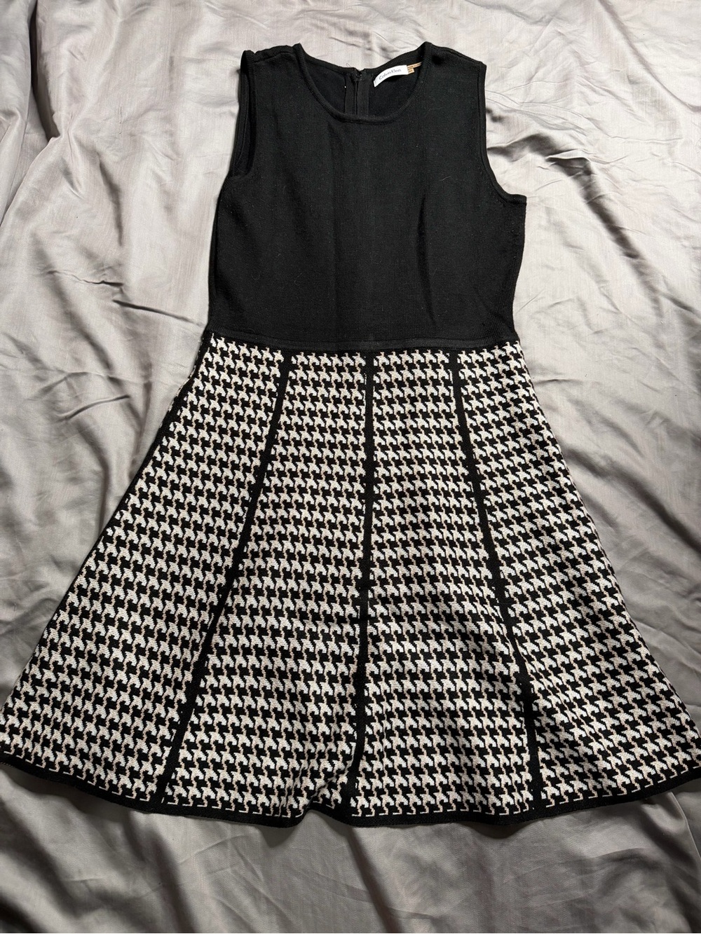 Calvin Klein Black Sleeveless Fit-and-Flare Houndstooth Dress